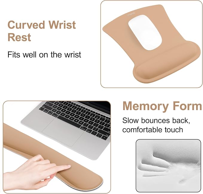 MOSISO Wrist Rest Support for Mouse Pad & Keyboard Set, Ergonomic Mousepad Non-Slip Base Home/Office Pain Relief & Easy Typing Cushion with Neoprene Cloth & Raised Memory Foam, Mocha