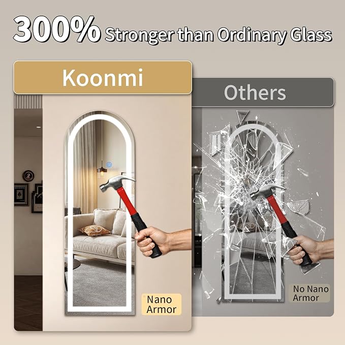 Koonmi LED Arched Full Length Mirror, 63"x20" Full Length Mirror with Lights, Lighted Floor Mirrors with Stand, Full Body Mirrors with Dimming & 3 Color Lightingfor Living Room Cloakroom, White