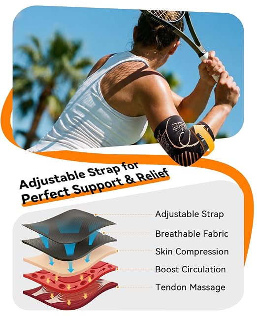 Copper Elbow Compression Sleeve for Tennis Elbow, Tendonitis, Golfers | Medical Elbow Brace with Adjustable Strap, Targeted Support for Weightlifting, Arthritis, Bursitis - Fit for Men & Women