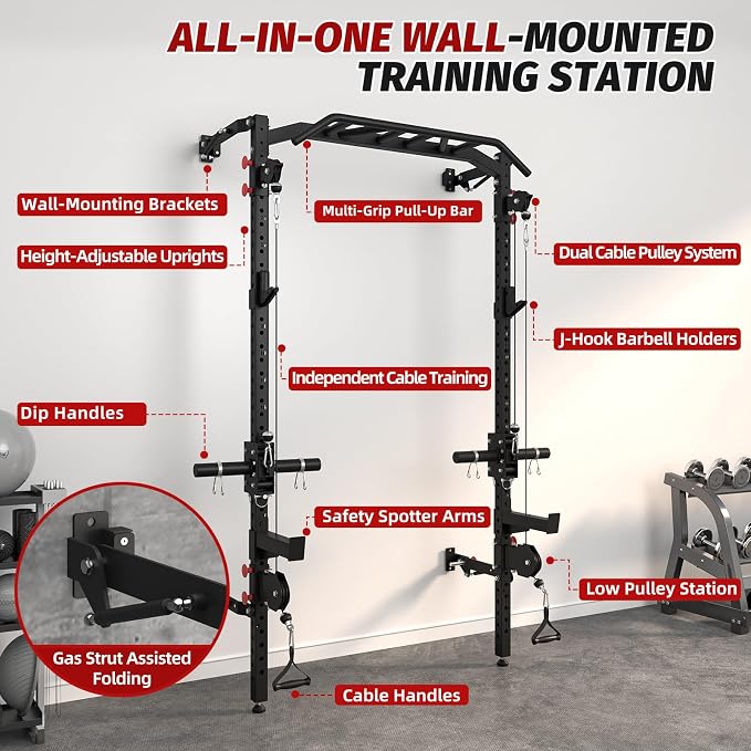 Wall Mounted Power Rack with Cable Crossover, Foldable Squat Rack | Dual Pulley System With Pull Up Bar, J-Hooks, 800 LB Capacity, Space-Saving Design for Full-Body Home Gym Strength Training