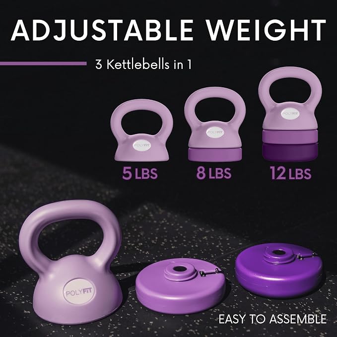Polyfit Adjustable Kettlebell | 5 lb - 12 lb | Kettlebells Weights Set for Home Gym | Kettle Bell Sets for Women at Home | 3-in-1 adjustable design, 5/8/12 lb settings, non-slip PE coating, compact home gym storage, workout guide included