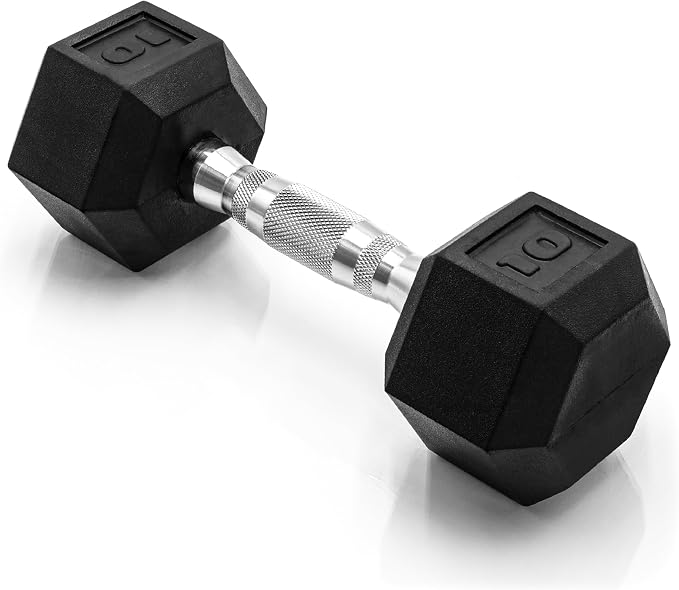 CAP Rubber Coated Dumbbell Weights, Free Weights for Home Gym Strength Training, Anti-Roll Hex Dumbbells with Black, Chrome & Comfort Grip Handles, Singles