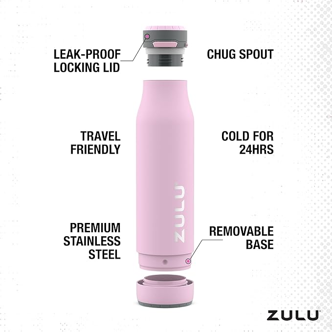 ZULU Ace 24oz Insulated Stainless Steel Water Bottle, Chug Spout, Pink | Leakproof water bottle keeps drinks cold for hours. BPA-free, locking lid, sip or chug, perfect for gym, travel, and school.