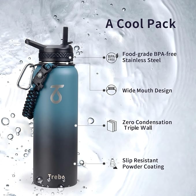 Trebo Water Bottle Insulated 40 oz with 3 Lids, Paracord Handle & Sleeve | Stainless Steel Flask Vacuum, Triple Wall Copper Plated, Dishwasher Safe, Keeps Cold 48Hrs for Hiking, Gym, Wide Mouth