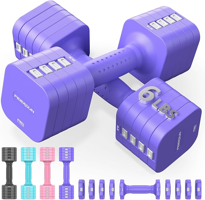 FEIERDUN DB3 5-in-1 Adjustable Dumbbell Set, 6LB/10LB Pair Adjustable Weights for Women at Home, Dual Locking Stable Hand Weights with TPU Soft Handle, Home Gym, Rehab, Pilates, Yoga, Strength Training