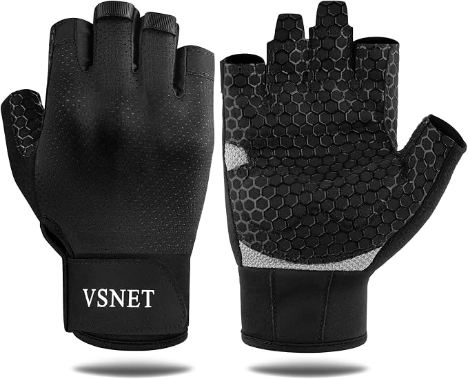 Half-Finger Sports Gloves, Black. Made of Neoprene Material, Feature Honeycomb Silicone Non-Slip Design on the Palm with Wrist Support. Suitable for Gym Training, Cycling and Weightlifting