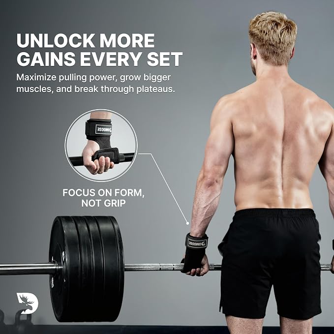 DMoose Fitness Weight Lifting Hooks (Pair) for Deadlifts, Pull Ups, Rows & Shrugs - Anti-Rip Nylon Strap Hand Grips with Thick Wrist Padding - Heavy Duty Wrist Straps for Weightlifting & Gym Workouts