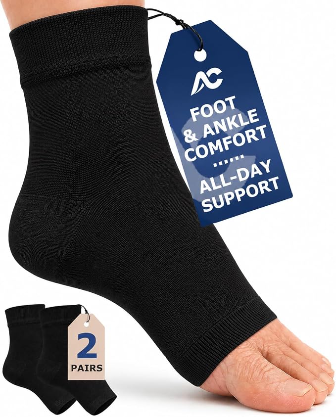 Ankle Brace Compression Sleeve Socks 2 Pack for Women&Men Foot Arch Support | 8-15 mmHg Support for Plantar Fasciitis Relief, Heel Pain, Arch & Ankle Support, Foot Brace, Open Toe Design（Black S/M）