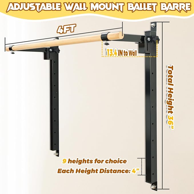 Seliyoo Ballet Barre Wall Mount,Height Adjustable Dance Bar | 4 FT /5FT Portable Solid Beech Wood Bar,Ballet Stretching and Barre Workout, Kids and Adults, Easy Install
