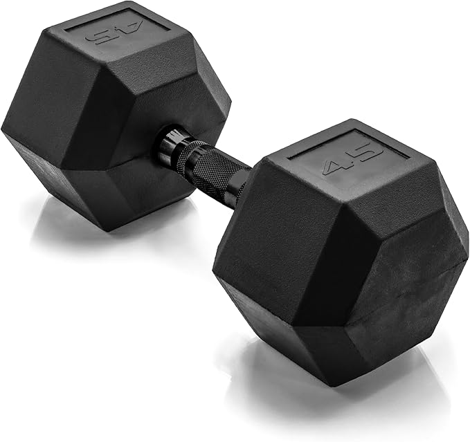 CAP Rubber Coated Dumbbell Weights, Free Weights for Home Gym Strength Training, Anti-Roll Hex Dumbbells with Black, Chrome & Comfort Grip Handles, Singles