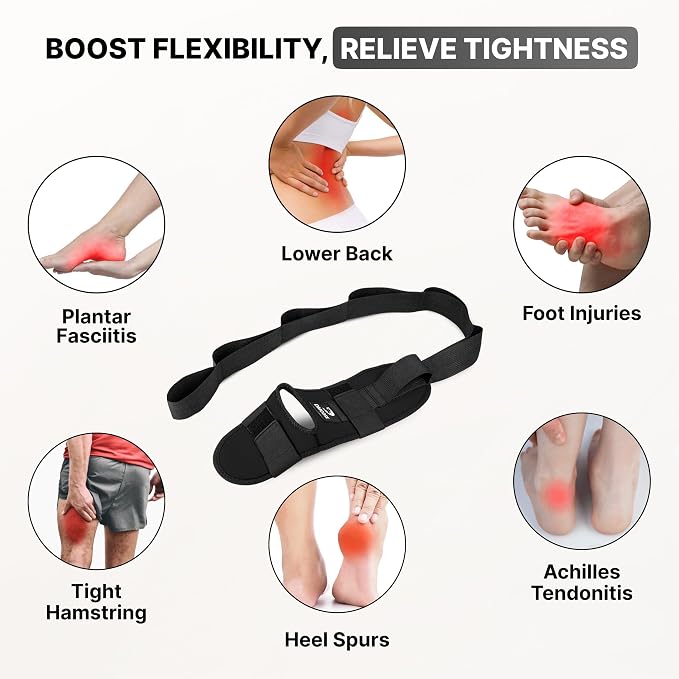 DMoose Fitness Foot & Calf Stretcher with Adjustable Padded Stretching Strap for Plantar Fasciitis, Hamstring, Heel Spurs and Achilles Tendonitis Relief - Yoga Leg Stretch Strap for Flexibility