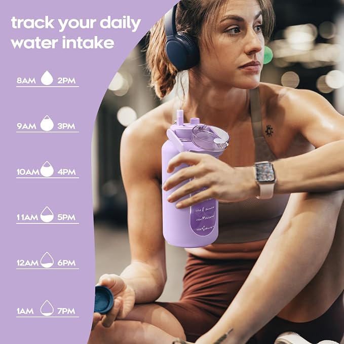 chunmo 74 oz Glass Water Bolttles with Straw Large Motivational Water Bottle with Time Marker Sports Water Bottles with Silicone Sleeve and Handle Lid 2.2L Water Jug for Gym Workout