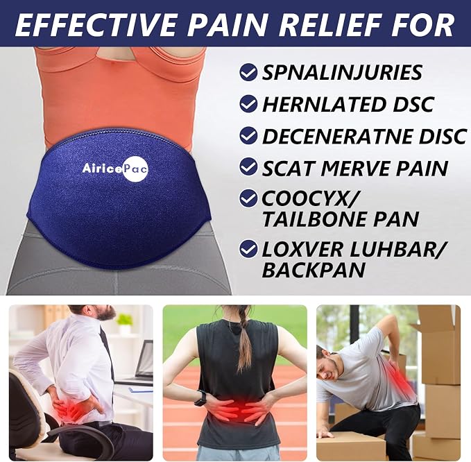 AiricePac Ice Pack for Back Pain Relief, Reusable Gel Lower Back Wrap, Cold Compress Therapy for Waist Lumbar Injuries, Sciatic Nerve, Herniated or Degenerative Disc, Coccyx, Tailbone Pain Blue