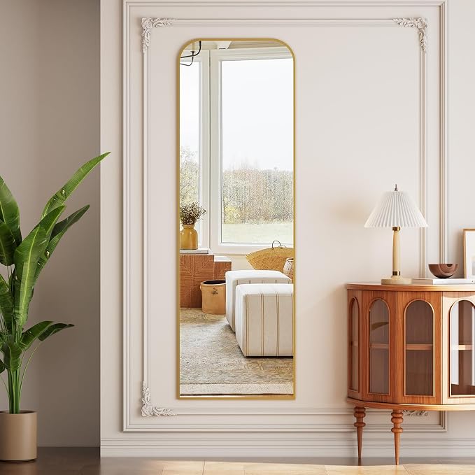 Full Length Mirror 56"x21" Arched Floor Standing Large Mirrors | Full Body Mirror with Stand - with Aluminum Frame for Bedroom Living Room, Gold