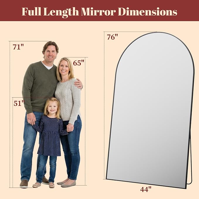 Suidia 76"x44" Arched Full Length Mirror with Stand, Full Body Mirror with Aluminum Frame, Freestanding/Leaning/Wall-Mounted, Floor Mirrors for Bedroom, Living Room, Entryway, Dressing Room, Black