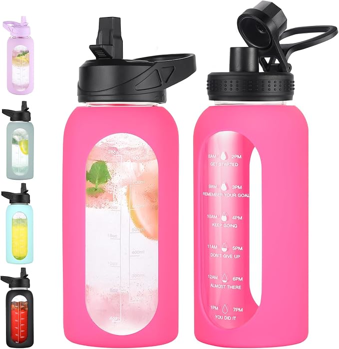 EALGRO 32 oz Glass Water Bottle with Straw, Large Sports Water Jug | Motivational Water Bottle with Time Marker and Silicone Sleeve, Flask Cup with Handle for Travel, Gym, Hiking, Hot Pink