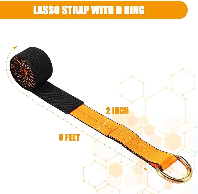 8 Pack Lasso Tow Truck Straps with D Ring 11, 000 Lbs Break Strength D Ring Auto Tie Down Wheel Lift Trailer Strap for Hauling Utv SUV Wrecker Rollback (2" X 8ft,Orange)