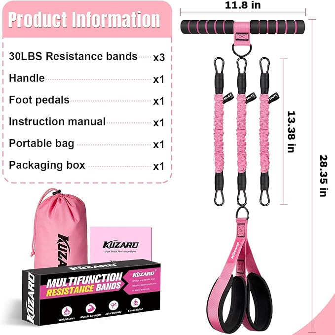 Upgraded Multifunction Pedal Resistance Band with Handle, 3 Tube Adjustable Resistance Bands for Abdomen, Waist, Arm, Core/ABS, Leg Workout - Sit Up Exercise Equipment for Women