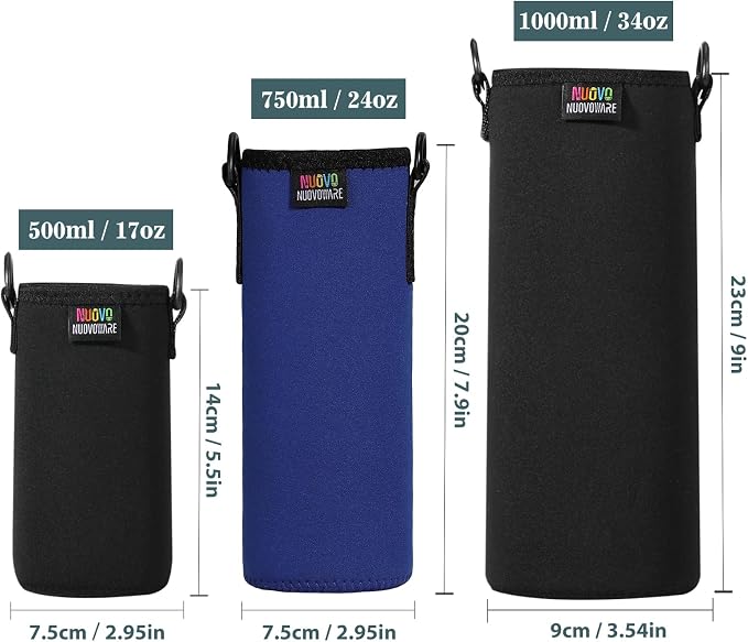 Nuovoware Water Bottle Carrier, 750ml, Navy Blue | Portable Insulated Neoprene Sleeve, Adjustable Shoulder Strap, Fit Stainless Steel, Plastic Bottles, Small Size