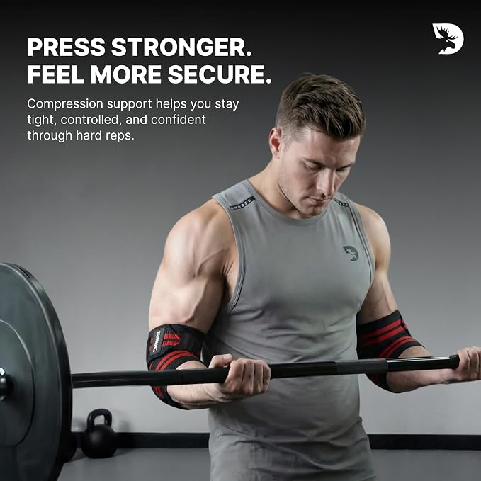 DMoose Fitness Elbow Wraps for Weightlifting (Pair) - 40'' Adjustable Strap for Gym Workout & Bench Press, Compression Elbow Sleeves for Tendonitis, Joint Support, Powerlifting & Deadlifts