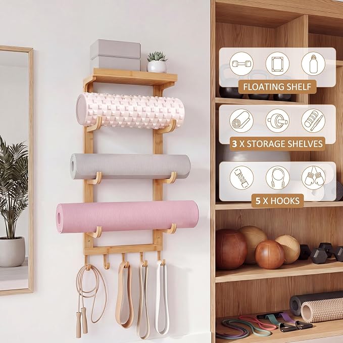 Geelin 4 Tier Wooden Yoga Mat Holder Wall Mount, Yoga Mat Storage Rack, Home Gym Equipment Organizer, Floating Shelf & 5 Hooks for Hanging Foam Roller/Band/Workout Equipment at Pilates Fitness Class