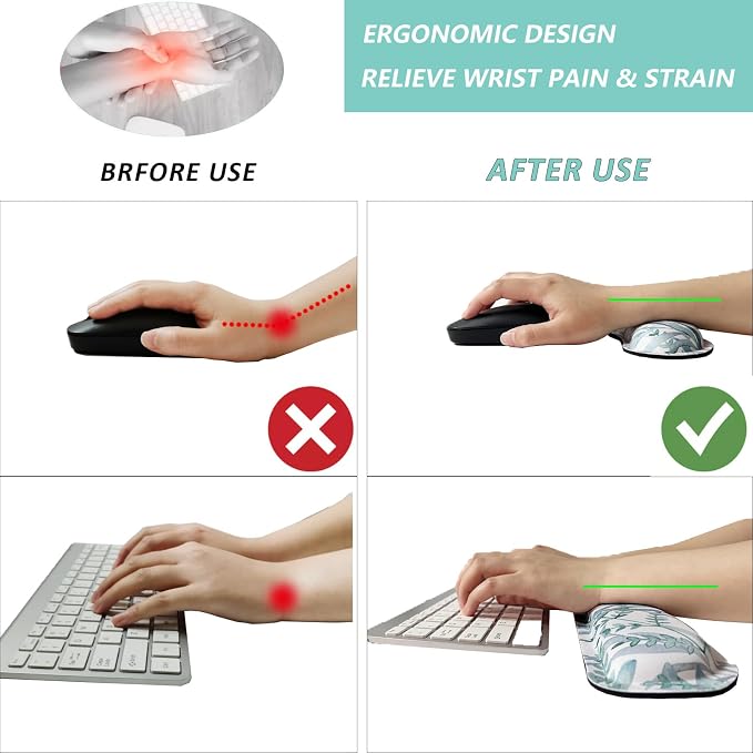 Keyboard Wrist Rest Mouse Wrist Support Set, Memory Foam Wrist Rest Pad for Computer Laptop Keyboard Mouse, Ergonomic Wrist Cushion Support for Typing Pain Relief, Gaming Home Office, Green Leaves