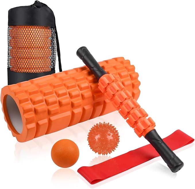 Aucuu 6 in 1 Foam Roller Set Includes Hollow Core Massage Roller, Yoga Stick, Massage Ball, Fitness Stretching Strap, Carrying Bag, Towel, Massage Roller (Orange)