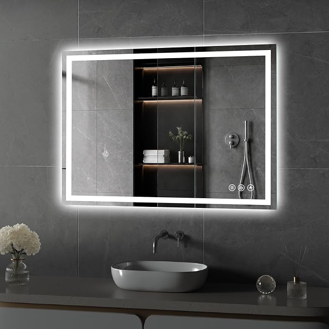 Koonmi 40x28 LED Bathroom Mirror with Light, Anti-Fog, 3 Colors | Backlit + Front Lit, Dimmable Brightness, Shatterproof HD Distortion-Free Tempered Glass, Hardware Included