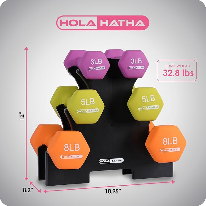 HolaHatha 1, 2 and 3 lb Neoprene Dumbbell Strength Training Weight Set with Rack