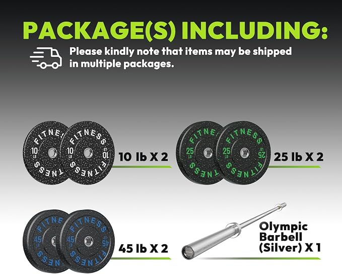 HANDBODE Olympic Barbell Set, 2-Inch Bumper Plates with Weight Plate Rack | Colored Crumb Rubber Weight Plates for Weight Lifting & Strength Training, 90–530 lb Set with 45 LB (20 kg) Olympic Barbell