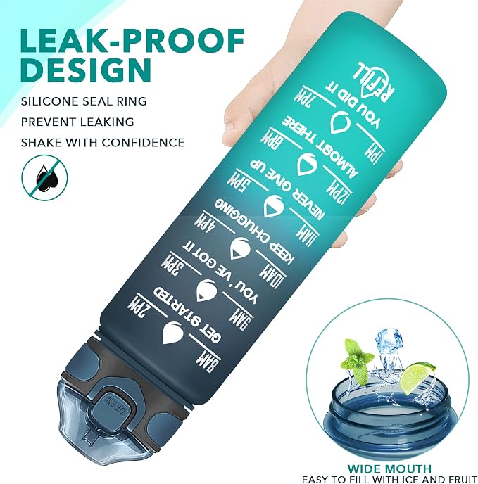 Enerbone 32 oz Drinking Water Bottle with Times to Drink and Straw, Motivational with Carrying Strap, Leakproof BPA & Toxic Free, Ensure You Drink Enough Water for Fitness Gym Outdoor