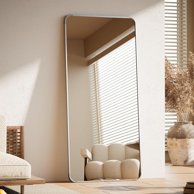 BEAUTYPEAK 71" x 26" Rounded Corner Full Length Mirror with Stand, Silver | Aluminum Alloy Frame with Standing, Leaning, or Wall-Mounted, Ideal for Bedroom, Dressing Room, Entryway, and Living Room