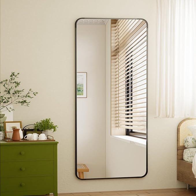 BEAUTYPEAK 71" x 26" Rounded Corner Full Length Mirror with Stand, Black | Aluminum Alloy Frame with Standing, Leaning, or Wall-Mounted, Ideal for Bedroom, Dressing Room, Entryway, and Living Room