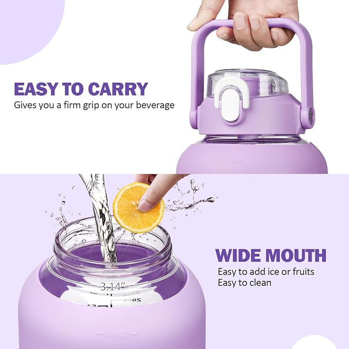 84oz Glass Water Bottle with Straw, 2.5 Liter Large Water Bottle with Silicone Sleeve and OZ Marker, Wide Mouth Gallon Glass Bottle with 2-in-1 Lid, Leakproof Water Jug for Gym Home, Purple