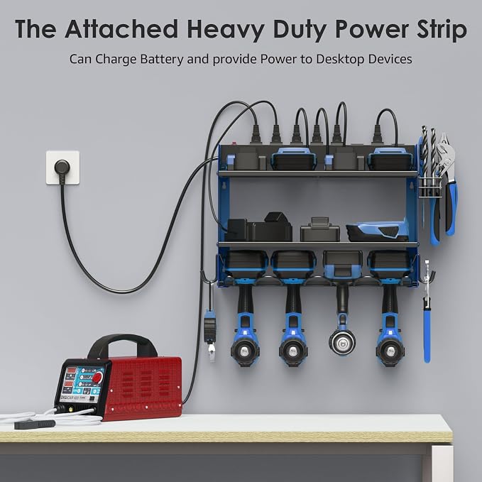 CCCEI Wall Mount Modular Tool Charging Organizer, Blue, 1 Pack, 3 Tier. | Drill Battery Storage Rack with Hooks, Garage Workshop, Gifts for Men, Dad, Husband Anniversary, Birthday, Christmas