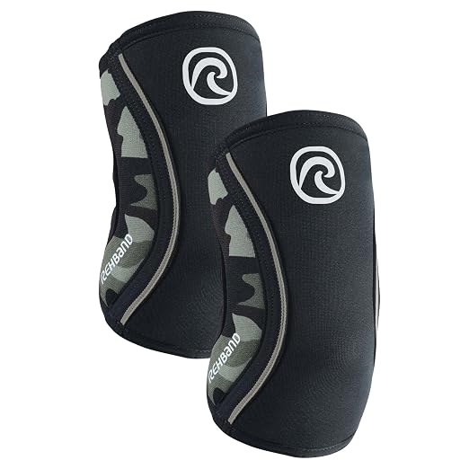Rehband Elbow 5mm Compression Sleeve, Neoprene Elbow Sleeves for Weightlifting, Anatomical Design, Non-Slip & Close Fitting, Elbow Support Unisex, Colour:Camo - 1 Pair, Size:Large