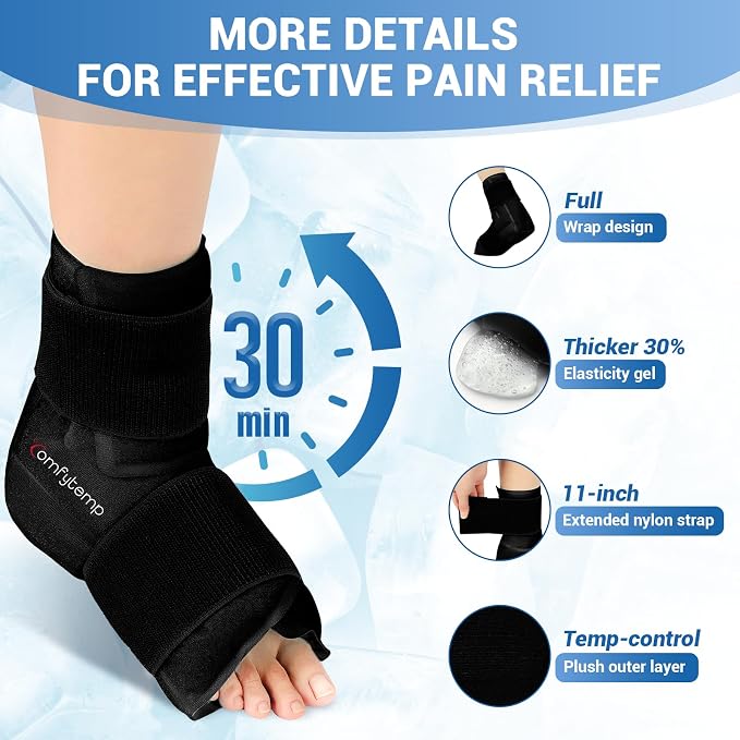 Comfytemp Ankle Foot Ice Pack Wrap for Plantar Fasciitis Relief, Feet Pain | FSA Eligible HSA, Ankles Brace Heel Wrap, Hot Cold Compress Gel Ice Bag for Injury Reusable, Achilles Tendonitis, 1pc, Black