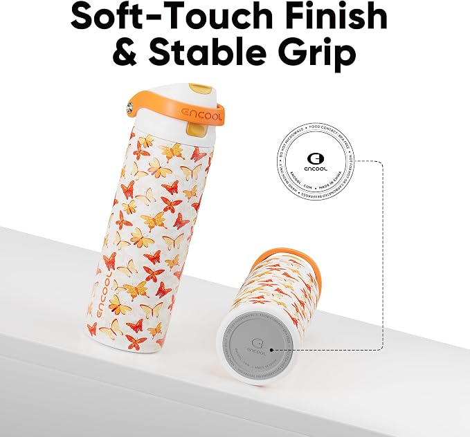 ENCOOL Leakproof Insulated Water Bottle with Straw Dual-Sip Water Bottle Bag-Safe Design for Work, Commute & Gym – Keeps Drinks Cold All Day, 24 oz, Sunset Butterflies