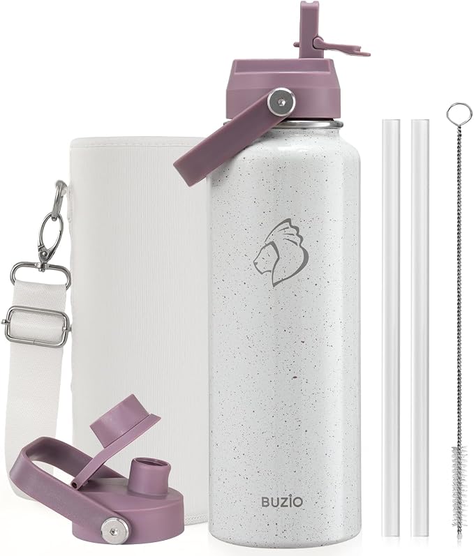 BUZIO 40 oz Insulated Water Bottle, Triple Wall Vacuum Stainless Steel Water Flask with 2 lids, Lead-Free BPA-Free Straw Lid Sports Canteen Jug, Cold 48H & Hot 24H, Starry Violet