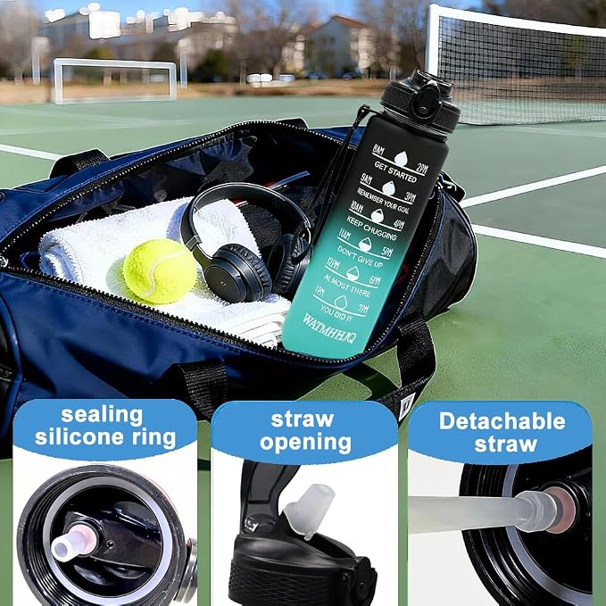32oz Sports Water Bottle Outdoor, with Drinking Time and Capacity Labels, Sport Water Cups with Straw,BPA Free Leak Proof,for Fitness Gym Running Climbing(Black green)