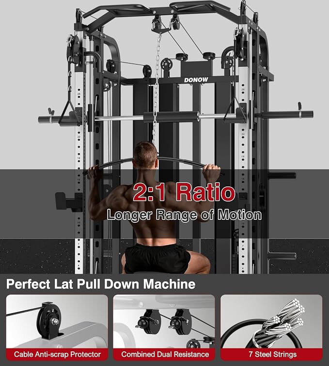 DONOW Smith Machine with Weight Stacks Home Gym System Cable Crossover | Multi Function, All in One, Heavy Duty, Lat Pulldown Bench, Hip Thrust Attachment, Smooth Smith Bar and Cable System