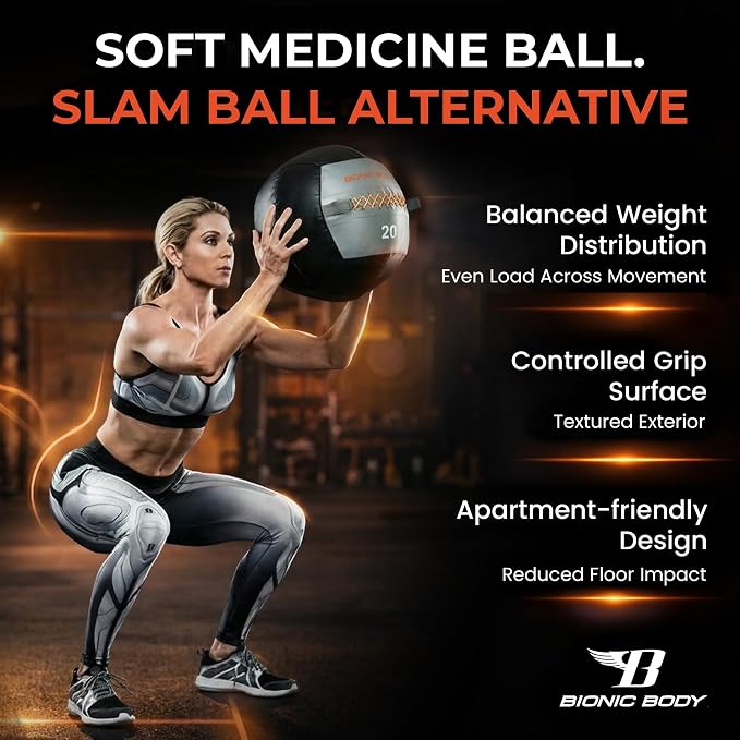 Bionic Body Soft Medicine Ball Weighted Slam Wall Ball for Cardio Workout and Core Training – Ideal for Squat, Lunge, and Partner Toss