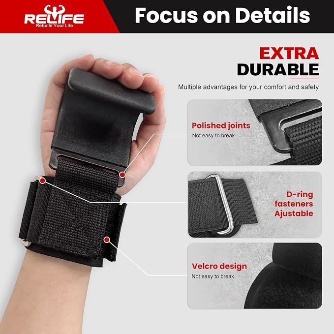 RELIFE REBUILD YOUR LIFE Lifting Hooks for Men and Women(Pair) | Pull Up Straps , Gym Reapers Lifting Wrist Grips, Heavy Powerlifting, Lifting Hooks for Weight Lifting