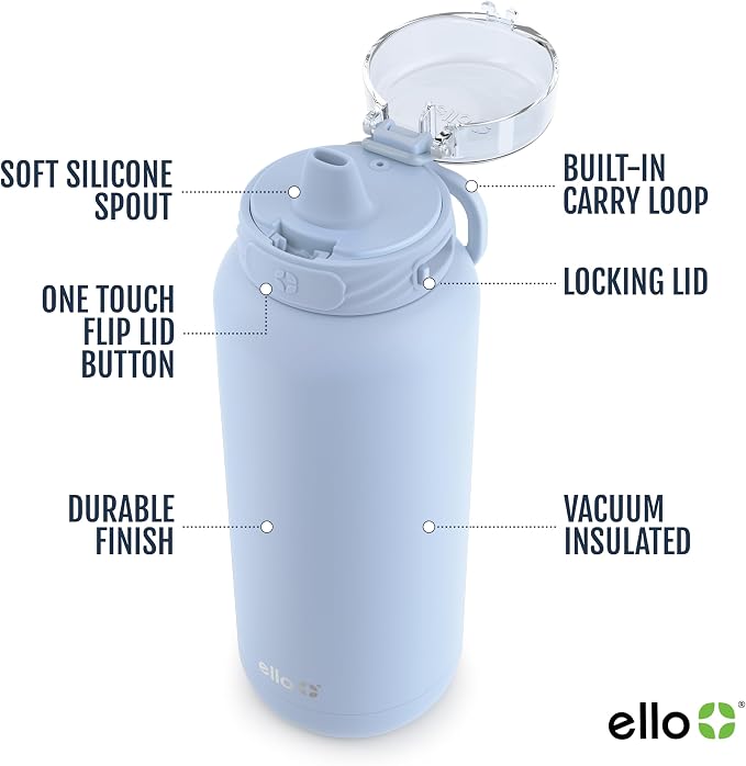 Ello Cooper 32oz Insulated Stainless Steel Water Bottle with Straw, Halogen Blue
