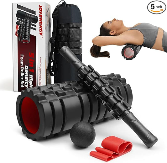 5 in 1 Foam Roller Set High Density Patented Foam Roller for Exercise | Foam Roller Massage Stick, Massage Ball, Resistance Band for Deep Muscle Massage Pilates Yoga Trigger Point Release Black
