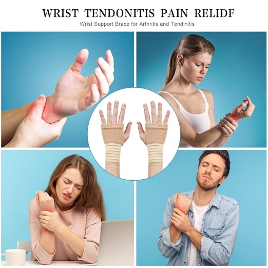 AOOWU Wrist Brace, 2 Pack Elastic Wrist Support with Strap, Wrist Compression Wrap Adjustable Wrist Strap Relieves Wrist Pain, Tendonitis, Sports Use for Men and Women, Right & Lef(cream color)
