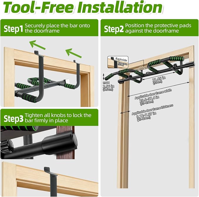 VBSD Upgrade Pull Up Bar for Doorway with Ergonomic Grip, Upto 440 Lbs Capacity No Screws Pullup Bar for Home Gym Indoor Exercise Strength Training, Authorized Under US Patent