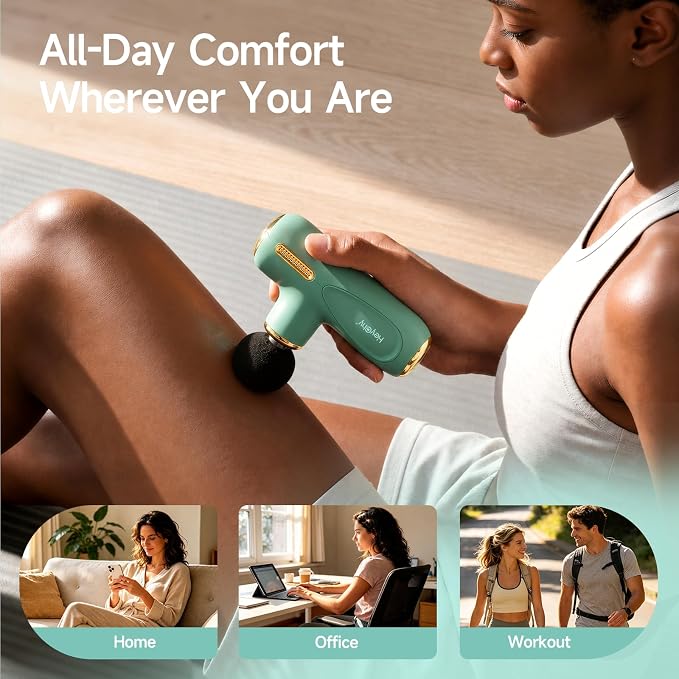Super Mini Massage Gun Deep Tissue, Percussion Massager with 4 Heads | Handheld Massagefor Back Neck Shoulder Relief, FSA Eligible, Quiet for Men Women Athletes, HSA, Green
