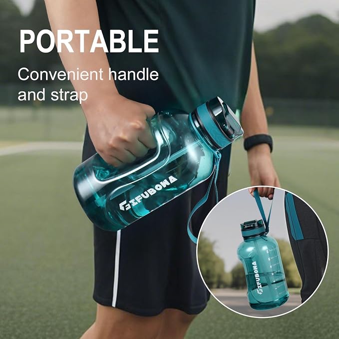 64oz Sports Durable Water Bottle with Handle Leak Proof | Big Handle, 2l, Wide Mouth, Motivational and Time Marker for Camping Gym, Office
