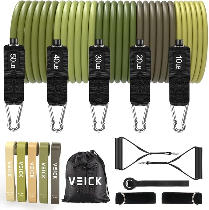 VEICK 10-150LBS Resistance Bands with Handles, Ankle Straps, Door Anchor | Accredited Lab Certified, 100% Natural Latex, Versatile for Yoga, Pilates, Strength, Home Gym